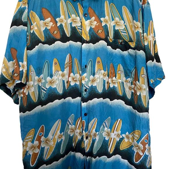 Vtg Montage Tropics Hawaiian Shirt 100% Silk Surf Boards Hibiscus Size XL - Picture 3 of 5